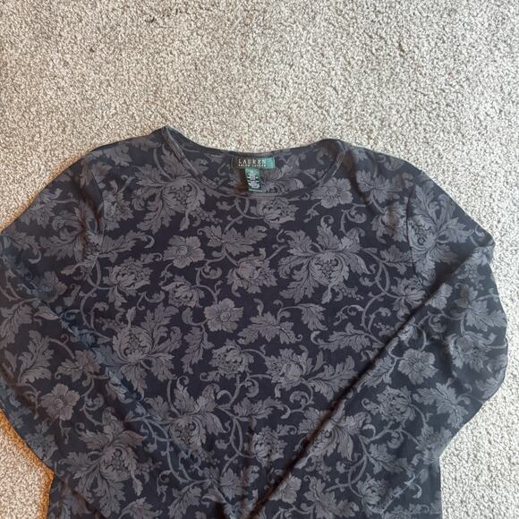 Lauren Ralph Lauren Womens XL Top Black Floral Baroque Floral Long Sleeve Cotton - Picture 9 of 11
